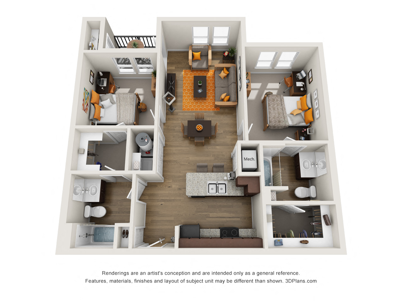 Floor plan for 2 beds, 2 baths, 949 sqft